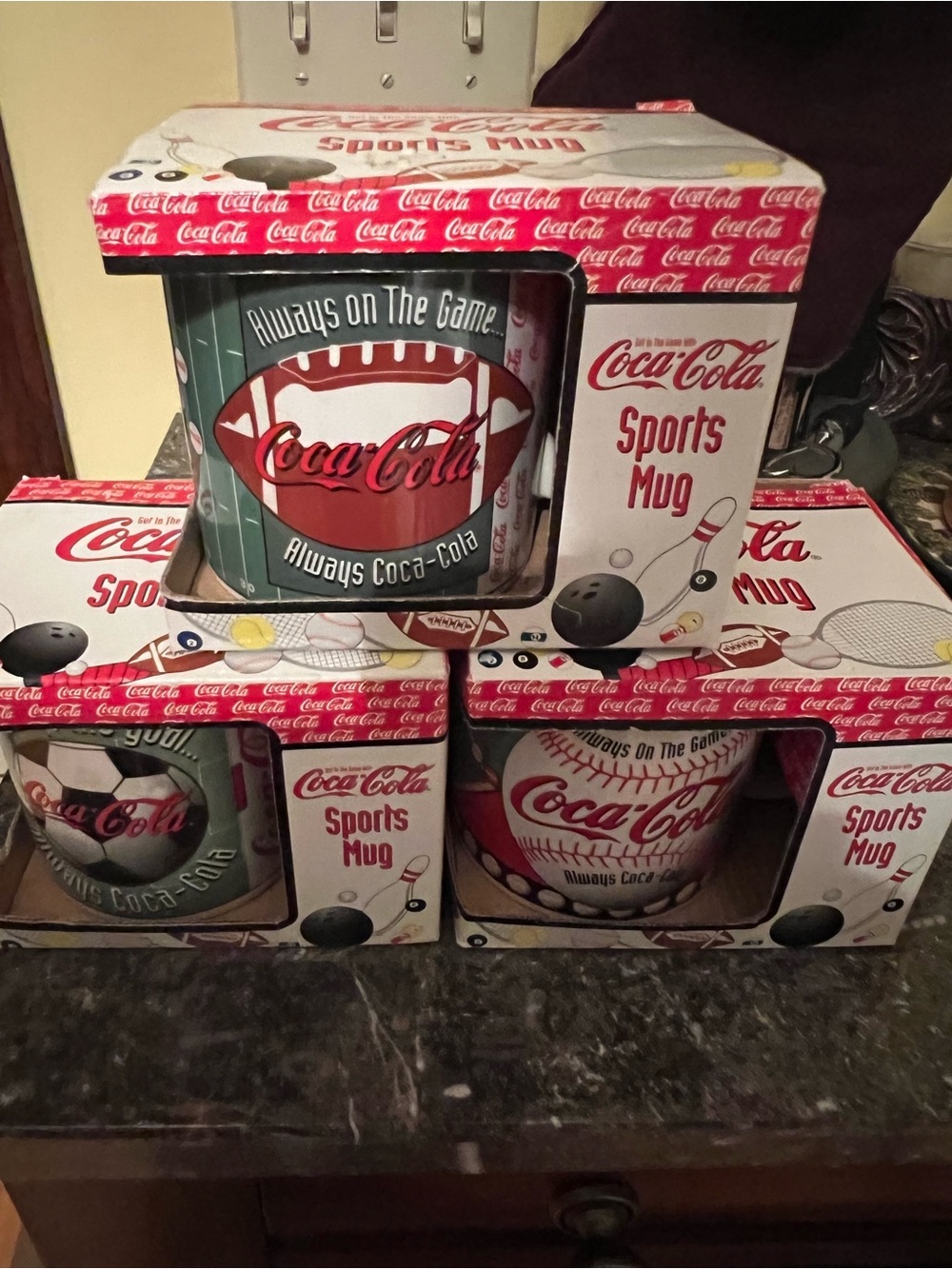 Coca-Cola Sports Mugs in Red, White, Green - Vintage- Brand New in Box